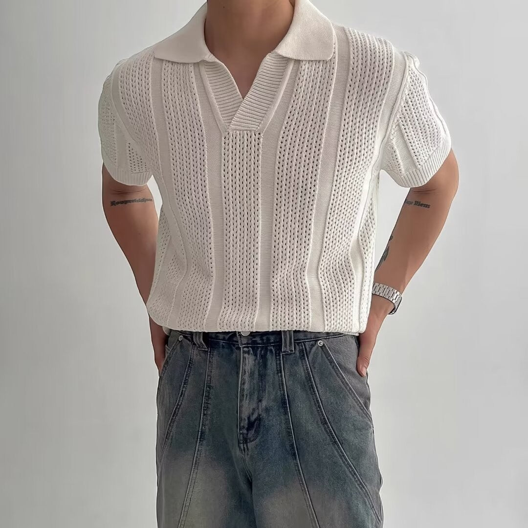 Men's Breathable Knit Polo – Airy Openwork Texture