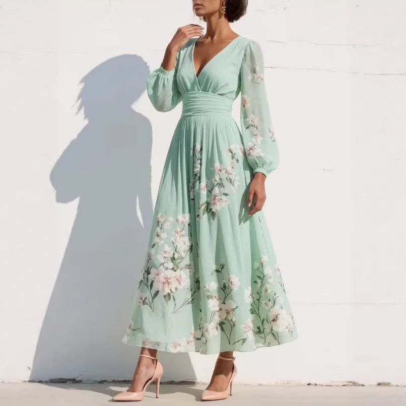 Women’s Chiffon Maxi Dress – Long Sleeves, Pleated Flared Cut