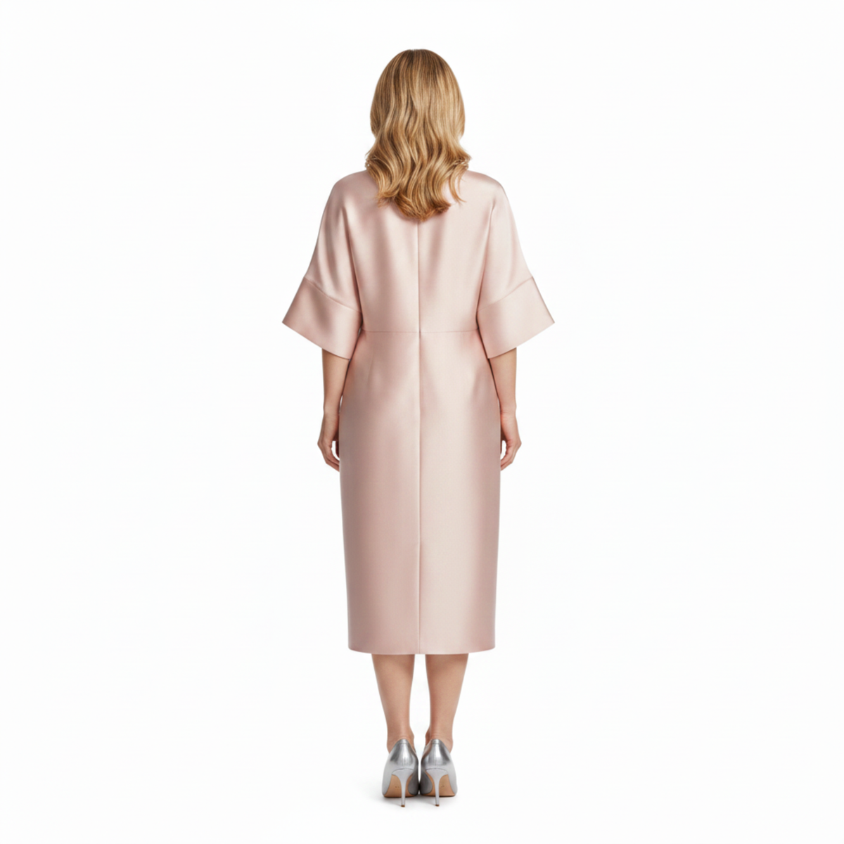 Women's Satin Midi Dress – Batwing Sleeves & Jewel Draped Waist