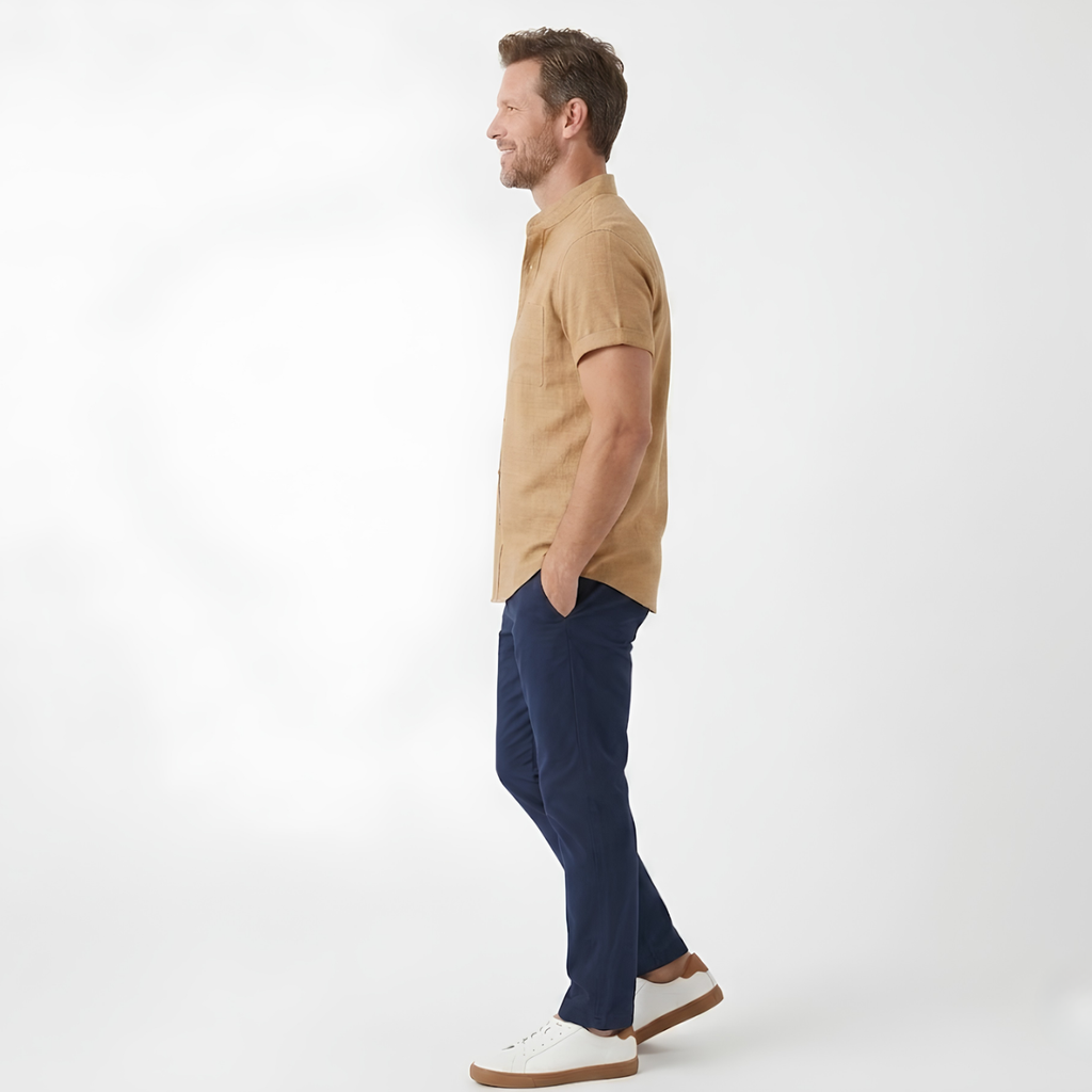 Men's Cotton-Linen Short Sleeve Shirt – Mandarin Collar Straight Cut