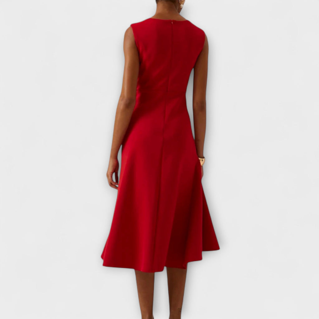 Women's Structured Sleeveless Midi Dress – Round Neck Fitted Flared Hem