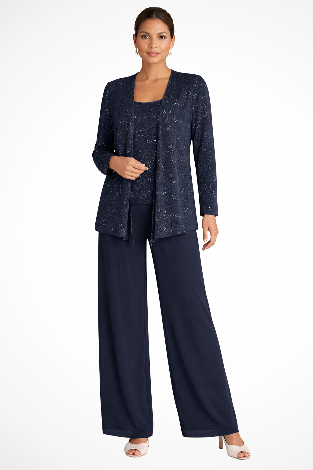 Three-Piece Women's Costume with Sequins and Lace – Wide-Leg Pants