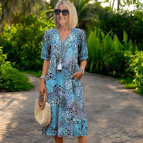 Women's lightweight bohemian midi dress – V-neck relaxed fit