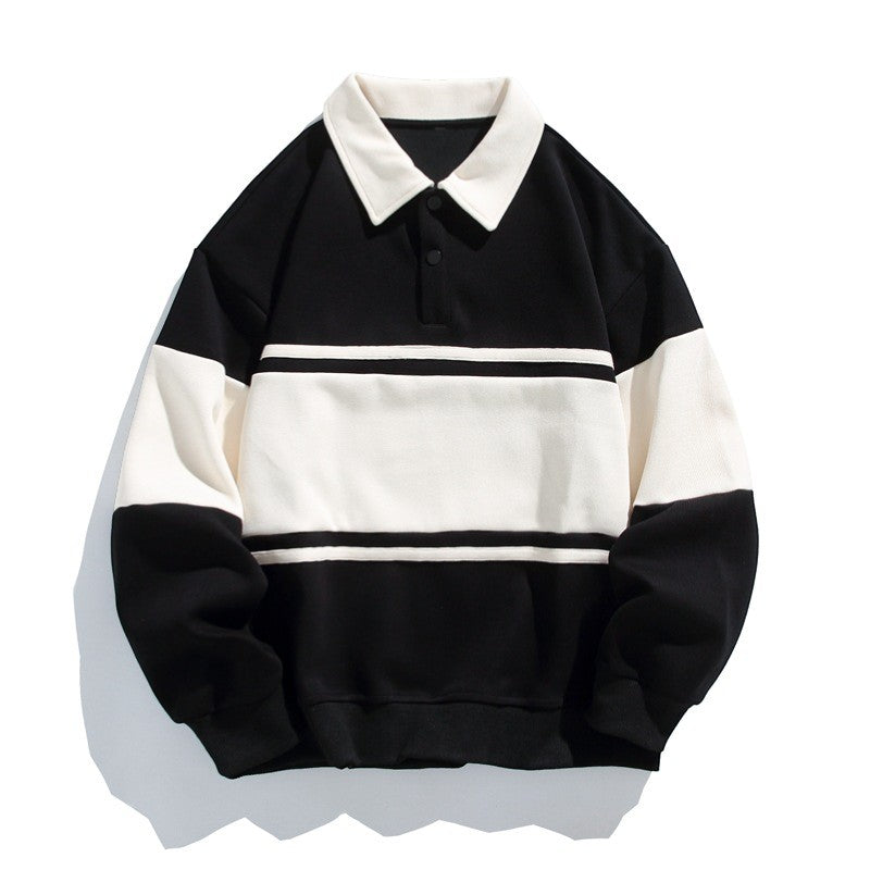 Men's Cotton-Blend Sweatshirt – Striped Pattern Relaxed Fit Polo Collar
