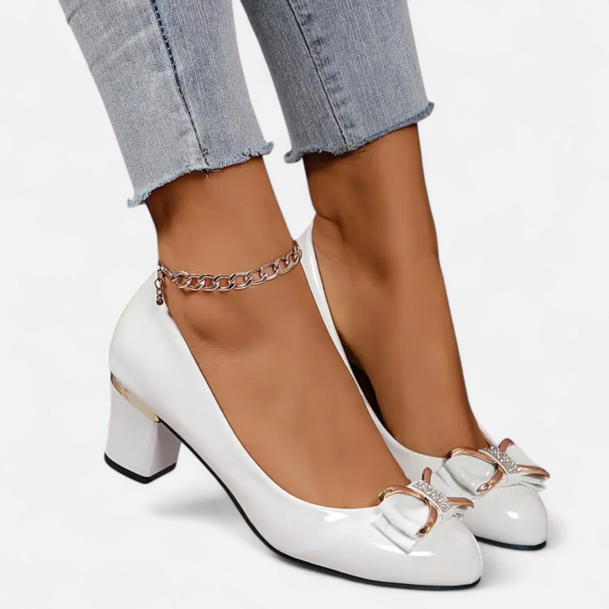 Women's Patent Leather Pumps with Bow – Square Heel, Round Toe