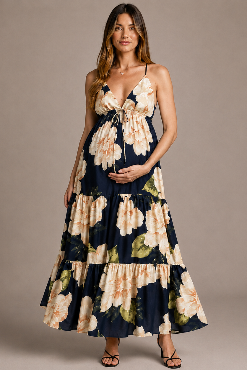 Floral Maternity Long Dress – V-Neck Empire Waist Tiered Skirt