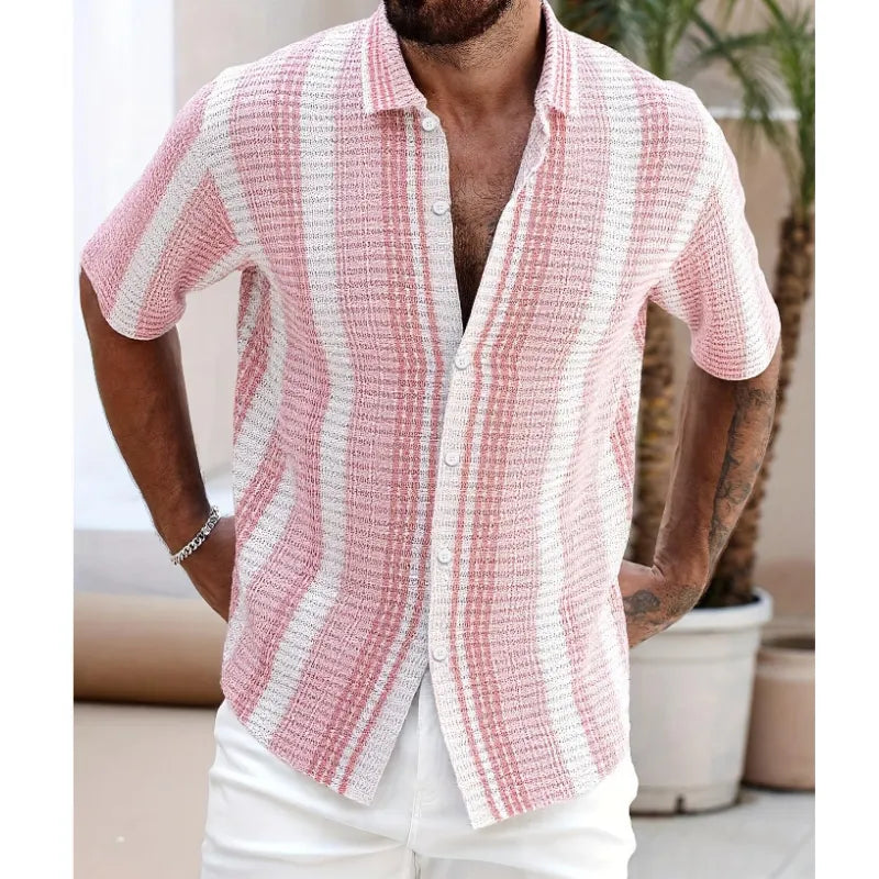 Men's Short Sleeve Striped Shirt – Breathable Textured Fabric