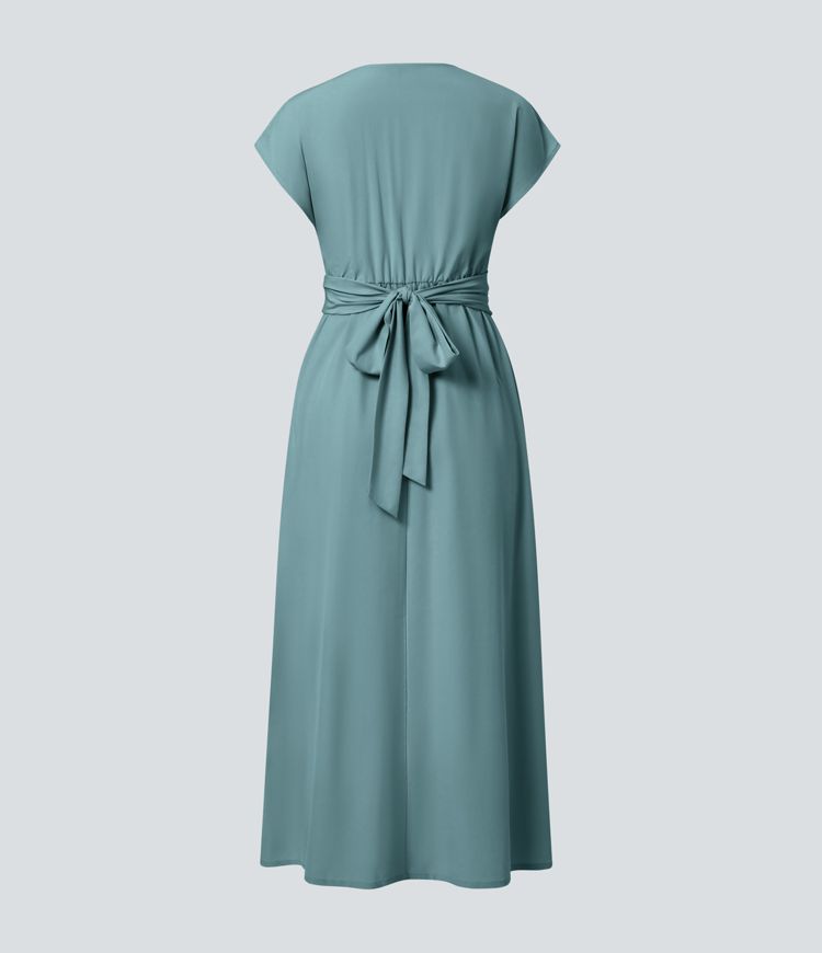 Women's Lightweight V-Neck Midi Dress – Elasticated Waist, Flared Cut