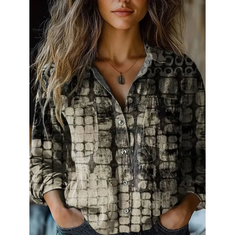 Women's Linen-Style Top – Long Sleeves, Loose Fit, 3D Pattern