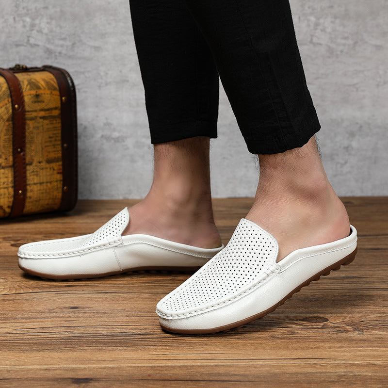 Men's Textured Leather Slip-On Mule Loafers – Perforated Open Back