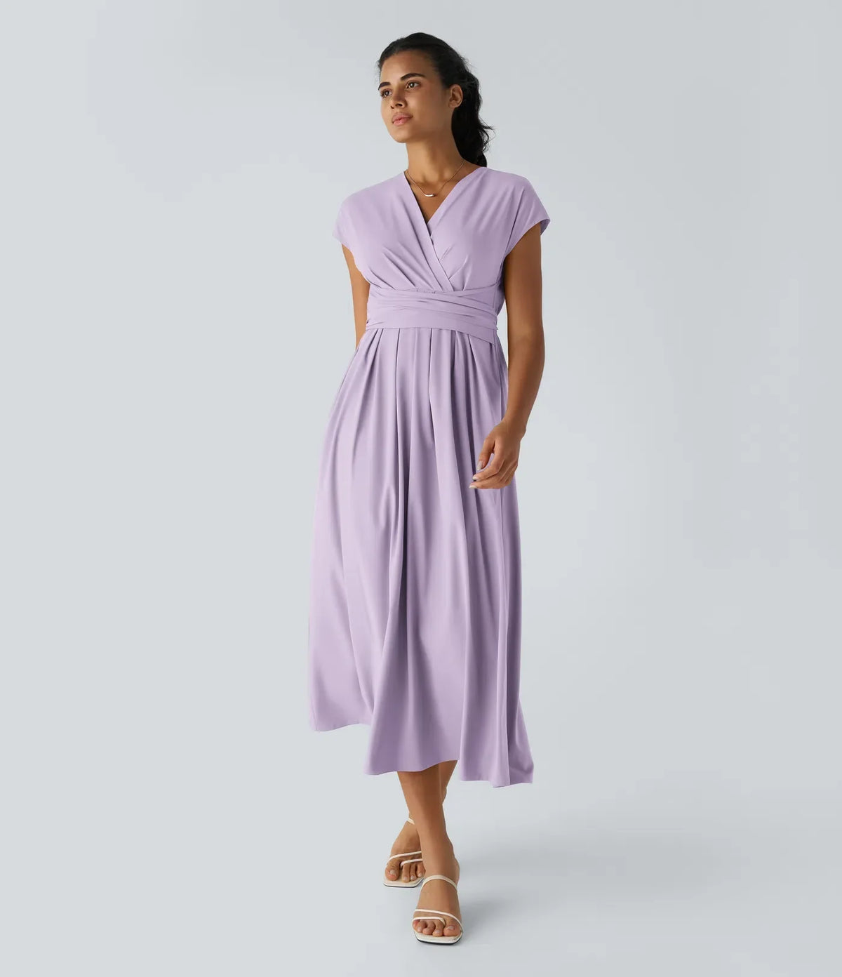 Women's Lightweight V-Neck Midi Dress – Elasticated Waist, Flared Cut