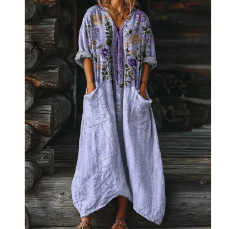 Women's Floral Vintage Print Maxi Dress – Relaxed V-Neck with Pockets