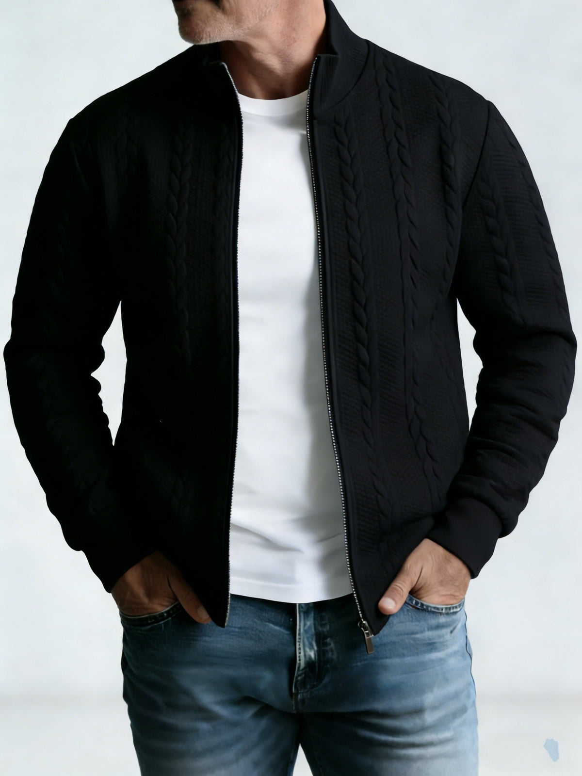 Men's Jacquard Stand-Collar Jacket – Textured Zip-Up Style