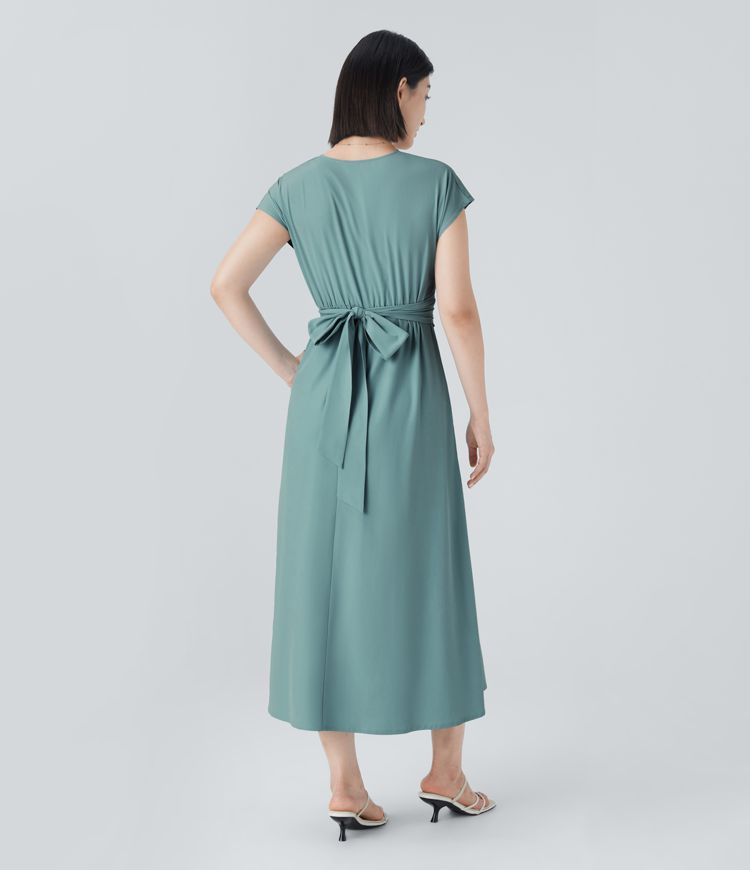 Women's Lightweight V-Neck Midi Dress – Elasticated Waist, Flared Cut