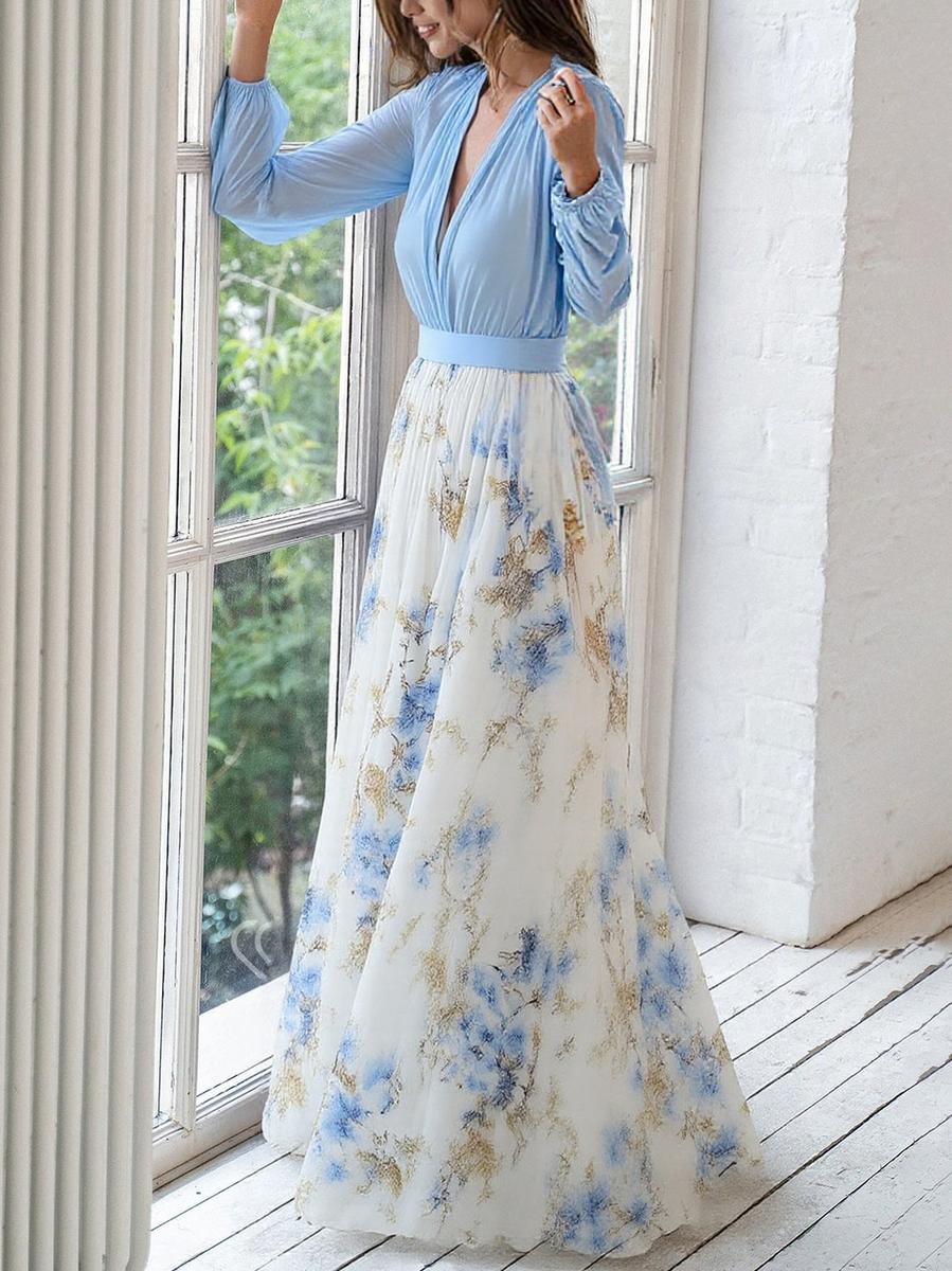 Women's floral maxi dress – V-neck fitted waist