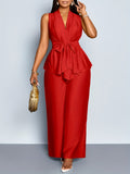 Women's Two-Piece Set – V-Neck Peplum Top and Wide-Leg Pants