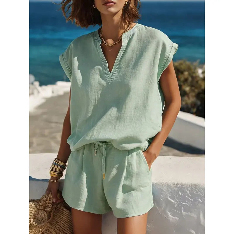 Women's Two-Piece Set with Short Sleeves and V-Neck – Casual Short Coordinated Outfit