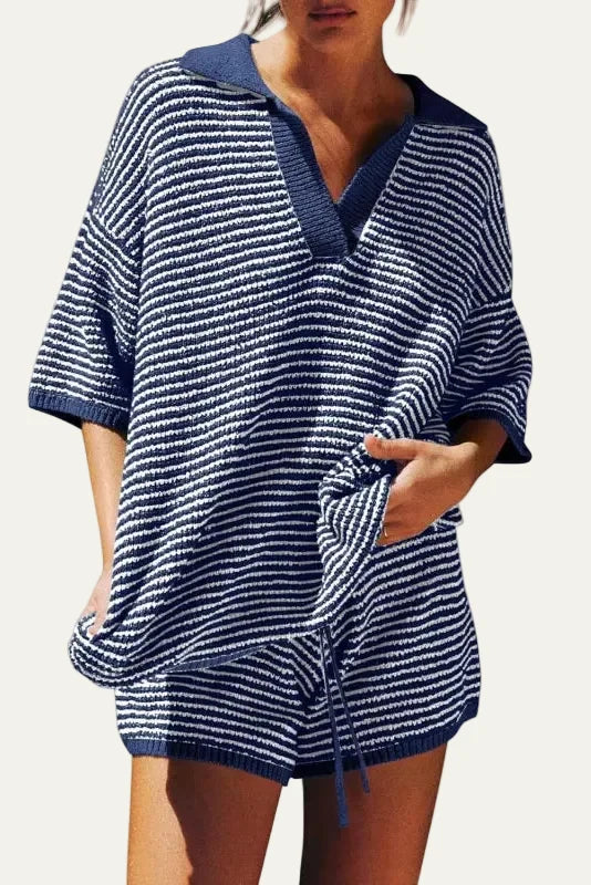 Women's Two-Piece Knit Set – Oversized V-Neck Top & Coordinated Shorts