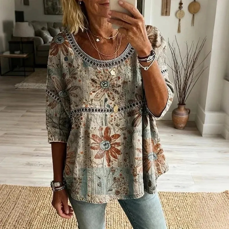 Women's 3D Floral Pattern Top – Round Neck, Relaxed Fit