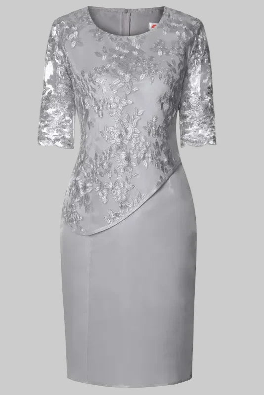 Women's Midi Dress with Floral Embroidery – Lace Sleeves, Straight Cut