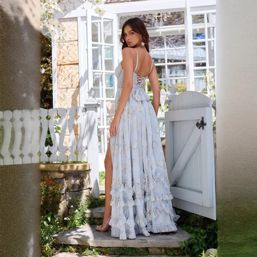 Women's Long Floral Chiffon Dress – A-Line Cut with Straps Style