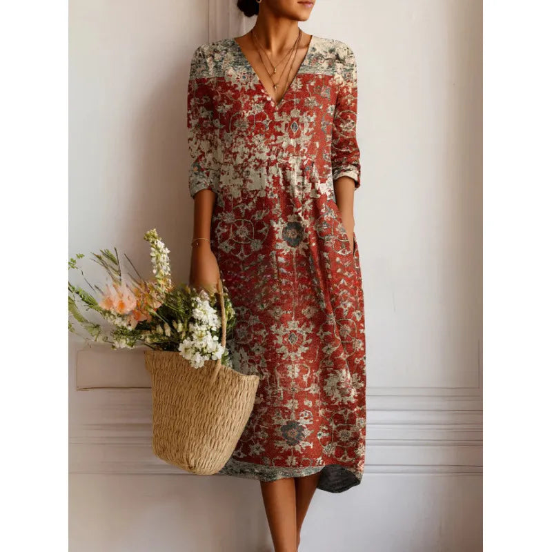 Women's Printed Midi Dress – Flowing Fit and Bohemian V-Neck