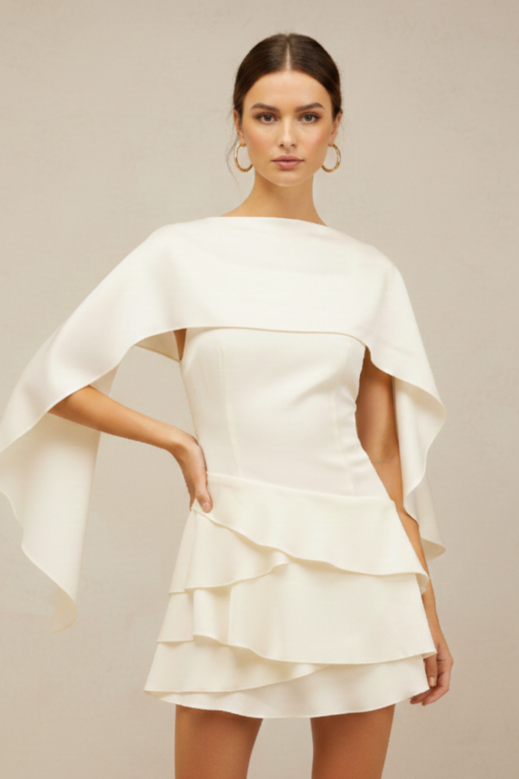 Women's White Mini Dress with Layered Cape – Structured Bodice, Ruffled Skirt