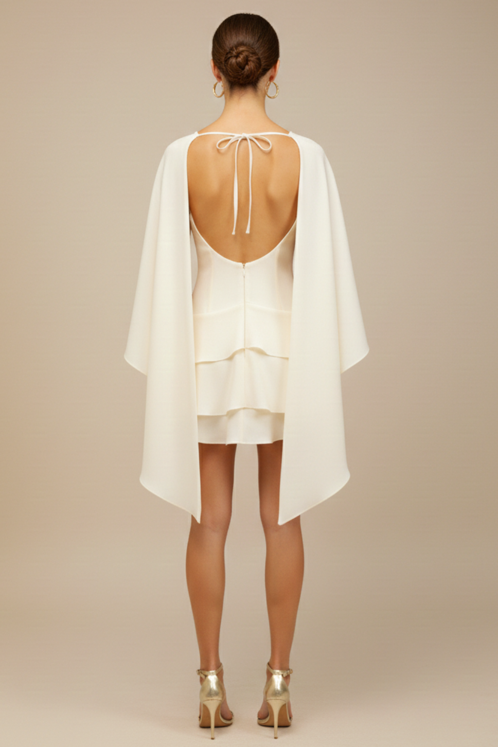 Women's White Mini Dress with Layered Cape – Structured Bodice, Ruffled Skirt