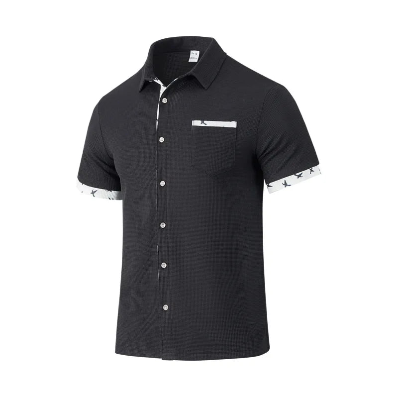 Men's Woven Fabric Shirt – Classic Collar, Buttons, and Contrasting Piping