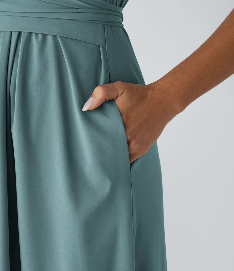 Women's Lightweight V-Neck Midi Dress – Elasticated Waist, Flared Cut