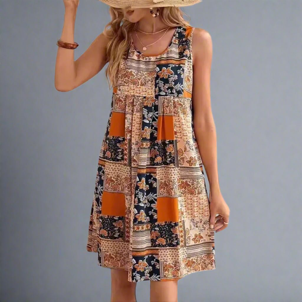 Women's Bohemian Lightweight Mini Dress – Sleeveless Patchwork Design