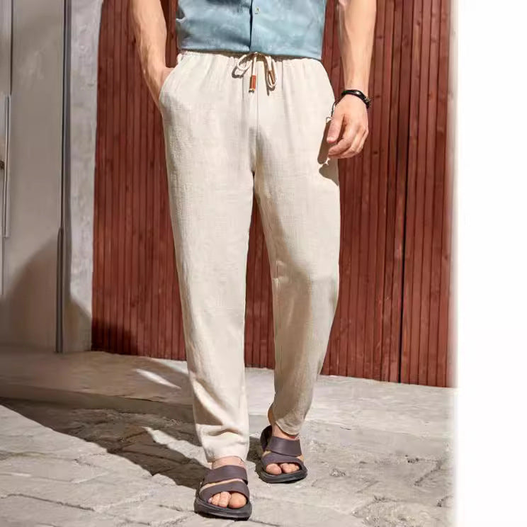 Men's Linen Blend Drawstring Trousers – Straight Fit Lightweight Texture