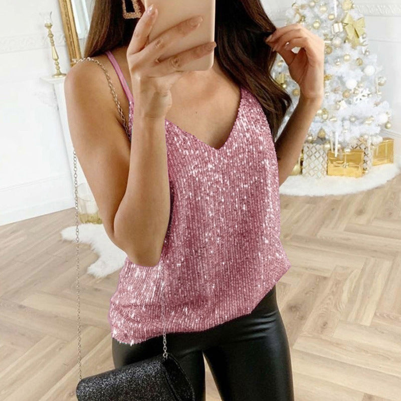 Women's V-Neck Sequin Top – Relaxed Fit Shimmering Finish