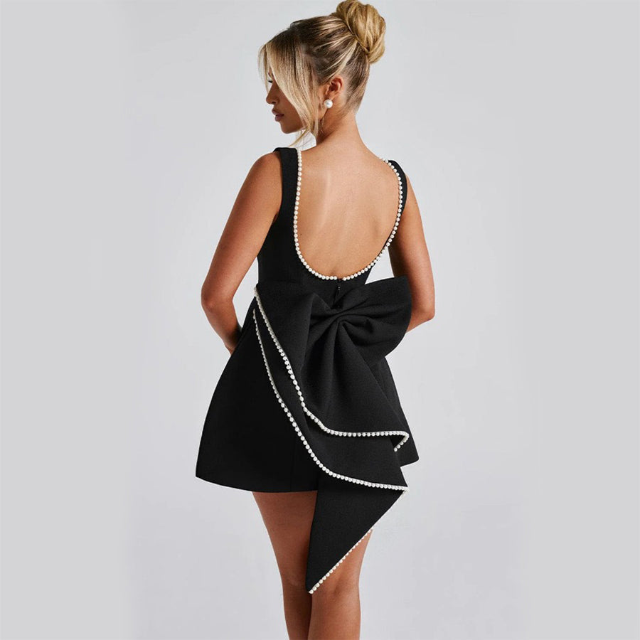 Women's A-Line Mini Dress with Open Back – Sleeveless, Beaded Bow