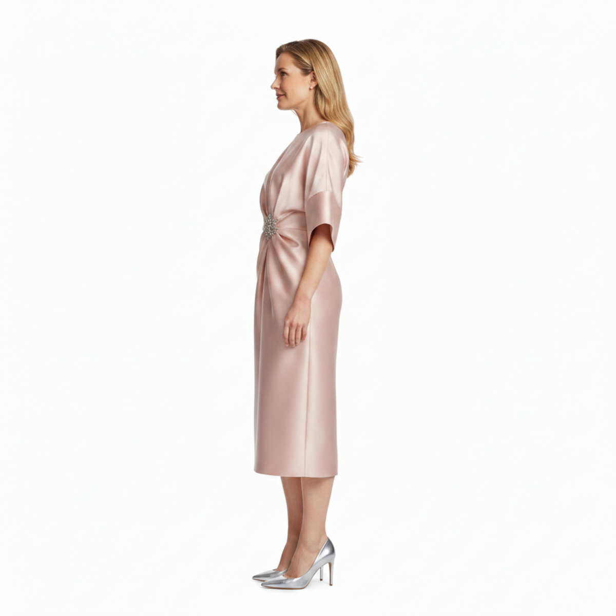 Women's Satin Midi Dress – Batwing Sleeves & Jewel Draped Waist
