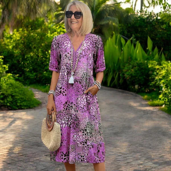 Women's lightweight bohemian midi dress – V-neck relaxed fit