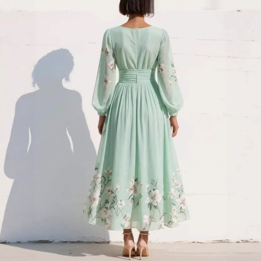 Women’s Chiffon Maxi Dress – Long Sleeves, Pleated Flared Cut