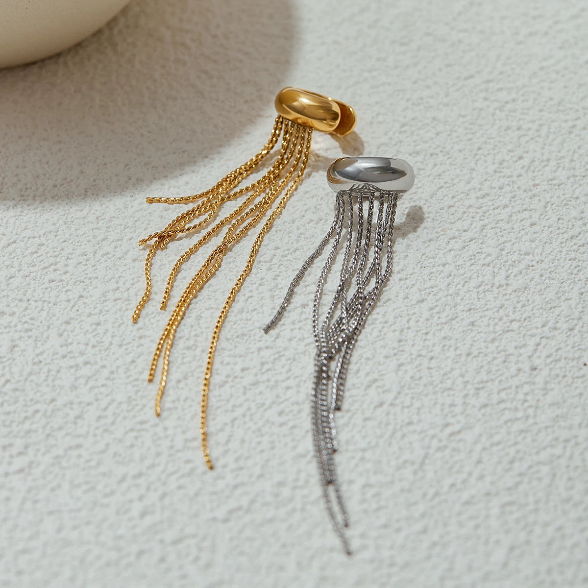 Women's stainless steel tassel ear cuff – Long statement drop
