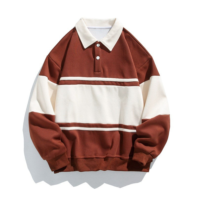 Men's Cotton-Blend Sweatshirt – Striped Pattern Relaxed Fit Polo Collar