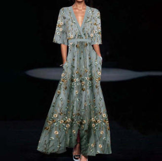Women's floral A-line maxi dress – V-neck fitted waist