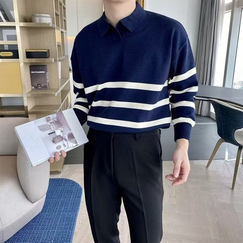 Men's Mixed Cotton Polo – Long Sleeve Polo with Contrasting Stripes