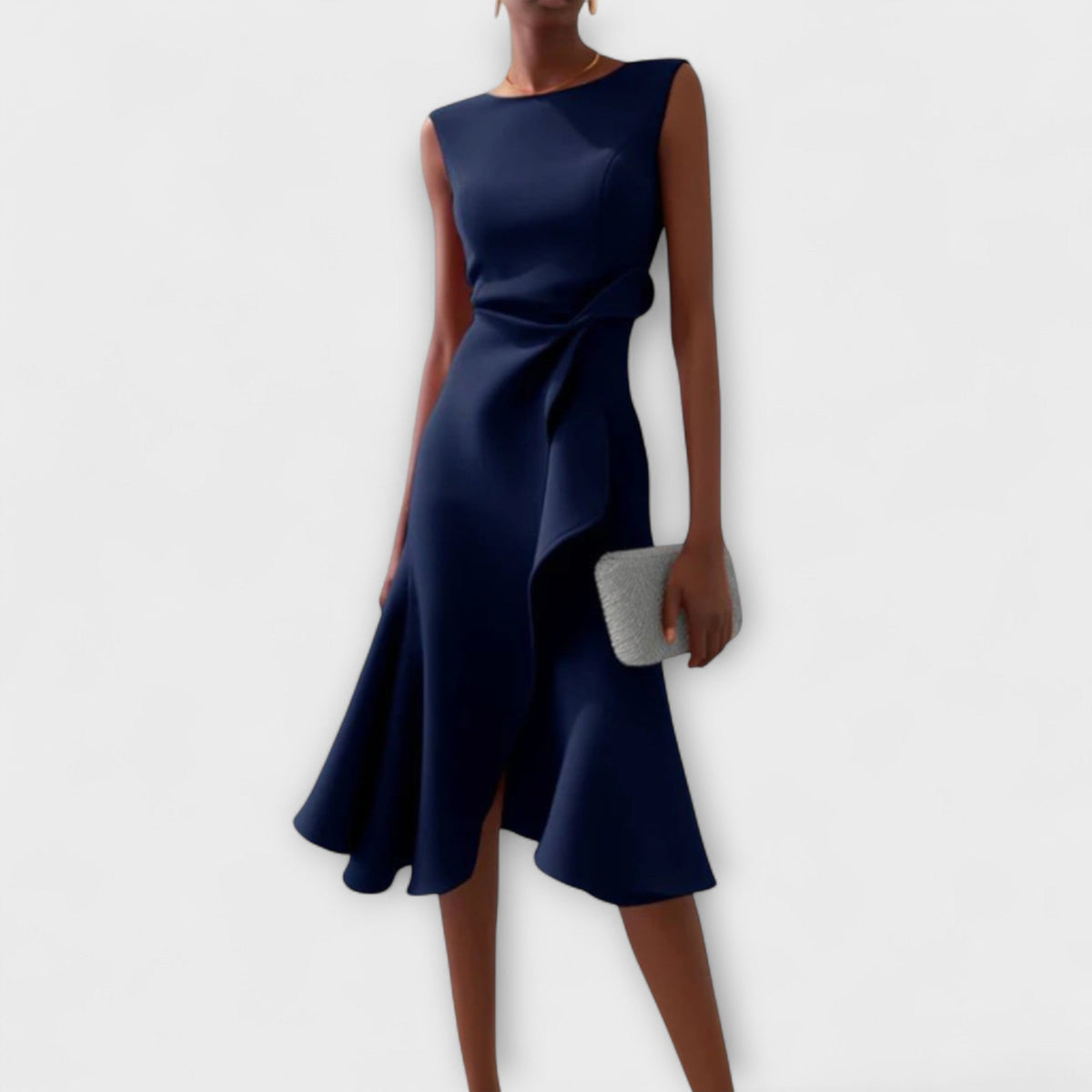 Women's Structured Sleeveless Midi Dress – Round Neck Fitted Flared Hem