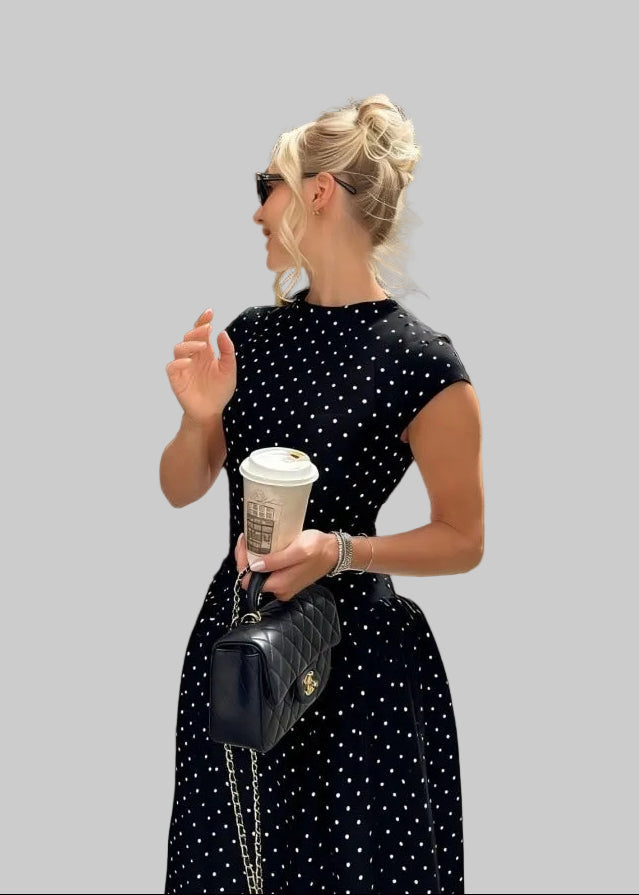 Women's Long Polka Dot Dress – High Neck, Short Sleeves, A-Line Cut