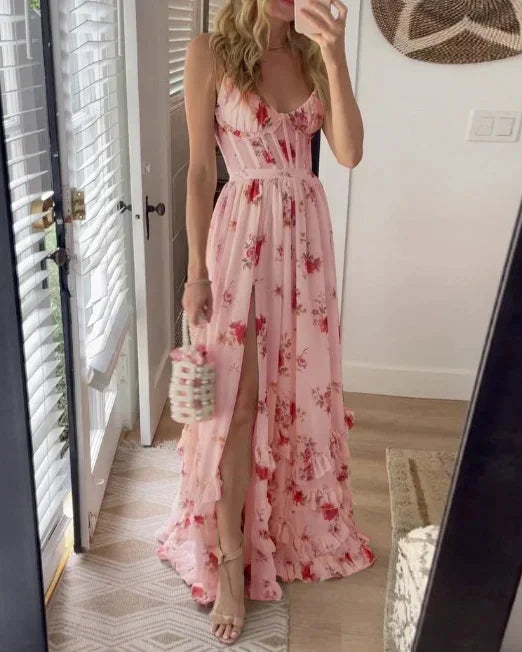 Women's Floral Lace-Up Maxi Dress – Fitted Cut with Side Split