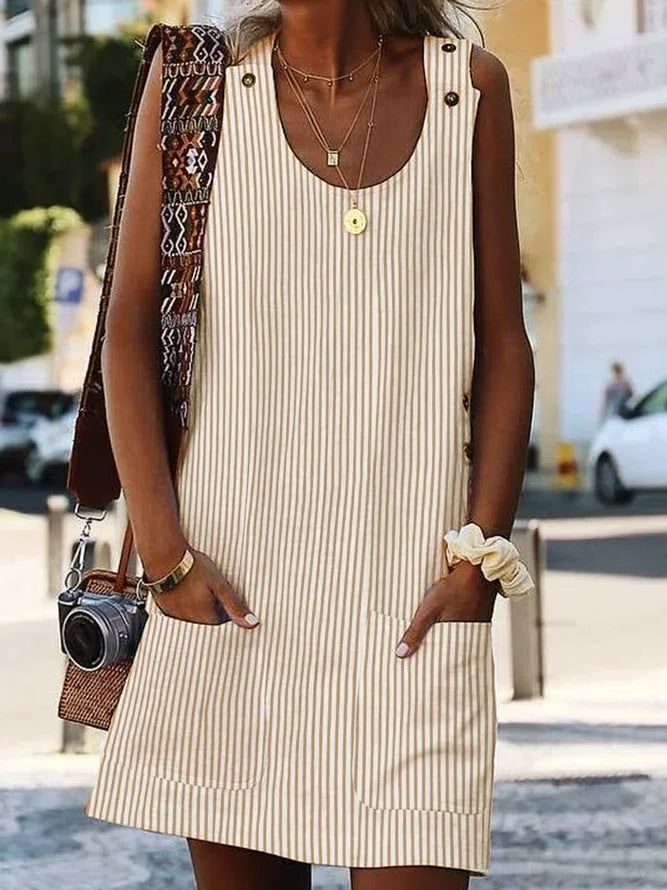Casual Women's Striped Dress – Round Neck and Button Details