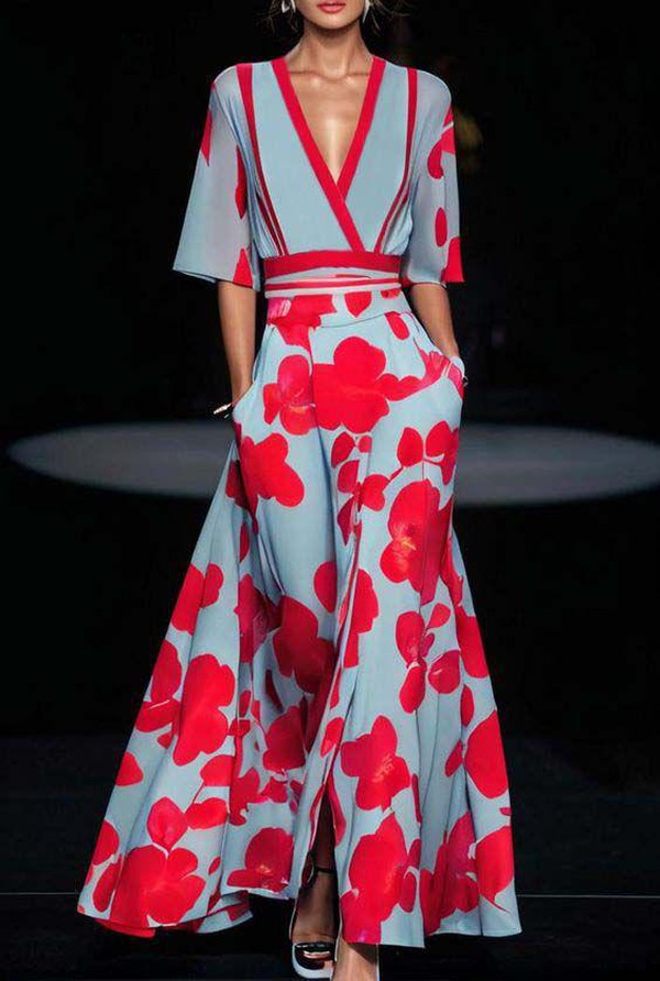 Women's floral A-line maxi dress – V-neck fitted waist