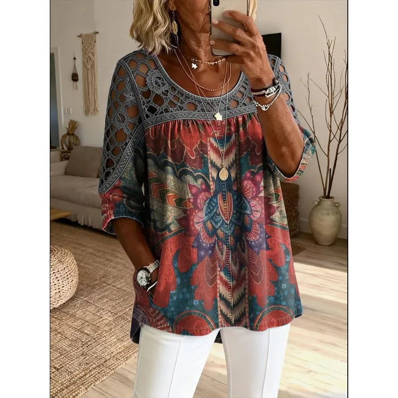 Women's 3D Floral Pattern Top – Round Neck, Relaxed Fit
