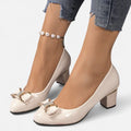 Women's Patent Leather Pumps with Bow – Square Heel, Round Toe