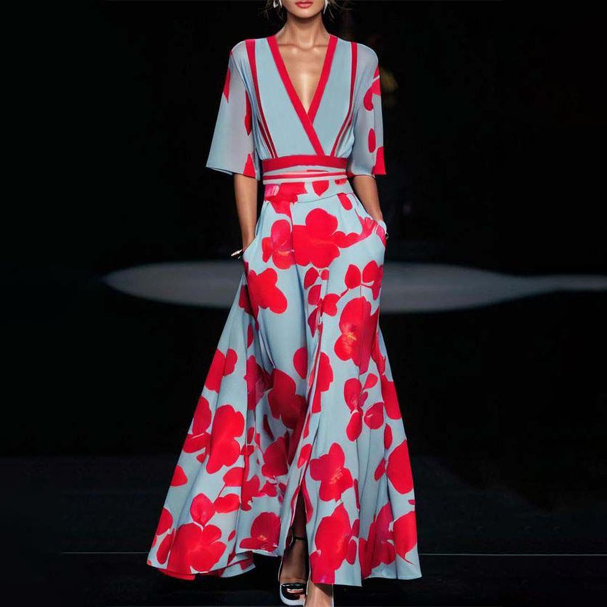 Women's floral A-line maxi dress – V-neck fitted waist