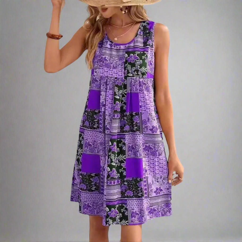 Women's Bohemian Lightweight Mini Dress – Sleeveless Patchwork Design